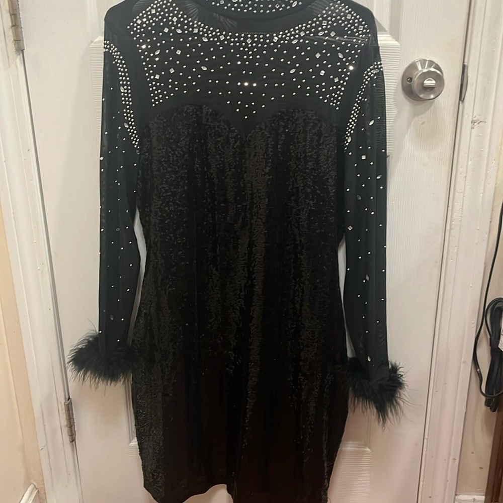 Black Long sleeve bedazzled dress with feather cuffs
